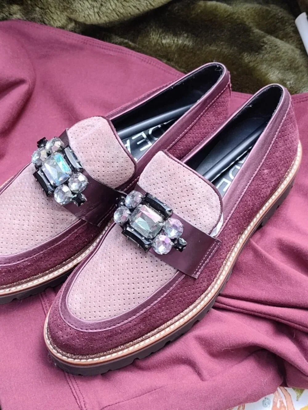 GADEA By Lodi Rhinestone Purple/Burgandy Suede Chunky Loafers, 39 8-8.5 -  NWOT